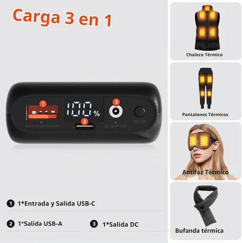 Vista 3 de Batería de chaleco térmico de 7.4 V 16000 mAh compatible con ORORO, para TODWARM, para Weamest, batería recargable de 7.4 V/5 V, salida