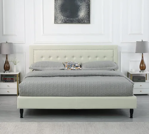 Vista 10 de Base de cama de plataforma tapizada completa con cabecera de 43.5 pulgadas de alto, cama de tela con botones, soporte de listones de madera con Gris