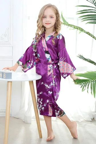 Vista 2 de TIMSOPHIA Bata de baño floral de satén para niños, bata de baño para boda, spa, fiesta, regalos, lencería nupcial, ropa de dormir, bata de baño