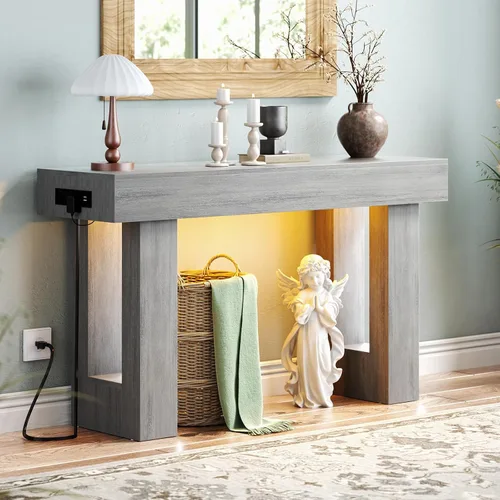 Vista 12 de Unikito Mesa de entrada de 32 pulgadas con enchufe y sensor de luz, mesa consola estrecha con almacenamiento detrás del sofá, mesa de entrada