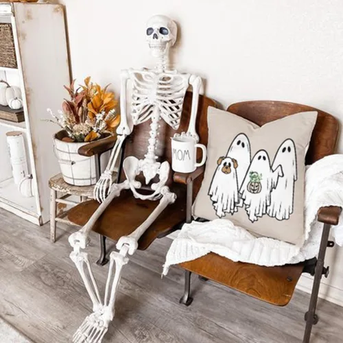 Vista 4 de PANDICORN Juego de 4 fundas de almohada de Halloween de 16 x 16 pulgadas, diseño de esqueleto de gato negro, perro, fantasma, calabaza, decoración