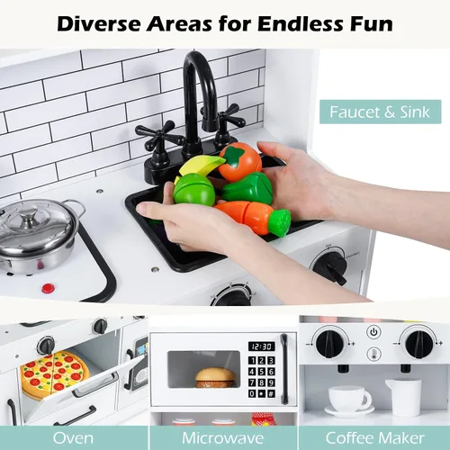 Vista 2 de INFANS Juego de cocina para niños, cocina de madera con sonido ligero realista, juguete de cocina para niños y niñas mayores de 3 años (blanco)