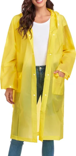 Vista 7 de Chubasqueros para mujeres y hombres, reutilizables, portátiles, impermeables, EVA, largos ponchos de lluvia con capuchas Negro