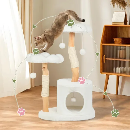 Vista 6 de Bonita torre de árbol para gatos de interior y adultos, árboles de madera con 6 pompones, moderna torre de árbol para gatos con poste rascador