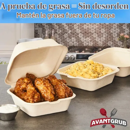 Vista 2 de Caja para llevar a prueba de grasa de 6 x 6 pulgadas, 25 unidades. Contenedor desechable para llevar para microondas con tapa con bisagras. Cajas