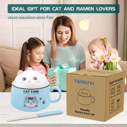 Vista 4 de Juego de cuencos para ramen con palillos, lindos cuencos de fideos instantáneos para ramen con diseño de gato lindo con tapa, cuencos de cerámica