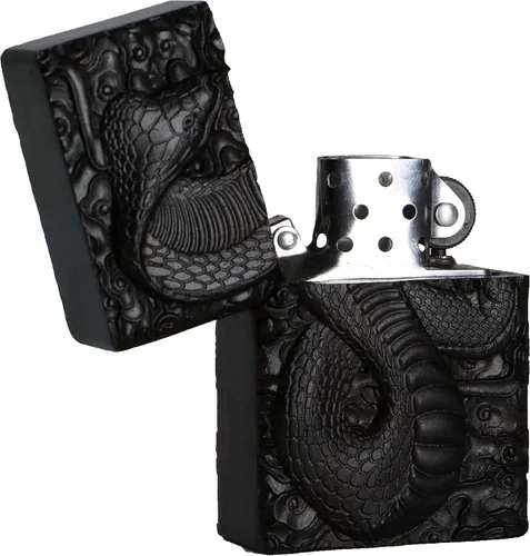 Vista 5 de Caja de carcasa de madera de ébano negro natural tallada para módulo Zippo (Serpiente Cobra)