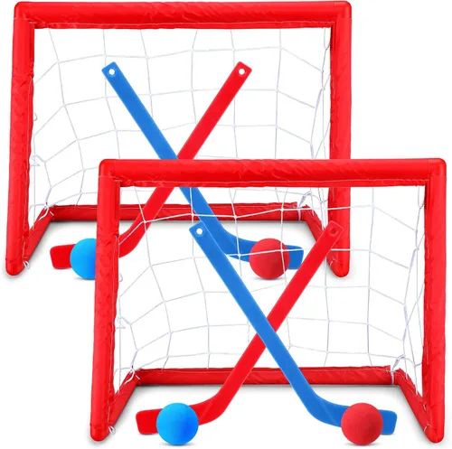 Vista 8 de Leyndo Juego de 2 juegos de mini hockey para niños, incluye 2 redes de hockey, 2 mini portería de hockey, 4 mini palos de hockey de plástico, 4