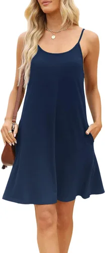 Vista 3 de MERRYVILLA Vestido de verano para mujer, con tirantes delgados, mangas casuales, con vuelo, vestido de playa con bolsillos