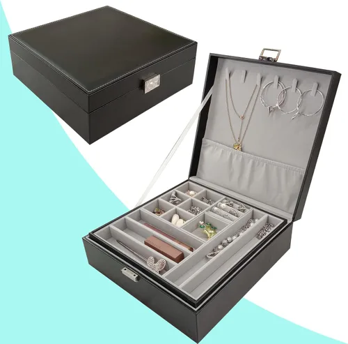 Vista 3 de BOOVO Joyero de piel sintética con cerradura organizador de joyas multifuncional para mujer adecuado para almacenamiento collares anillos pulseras