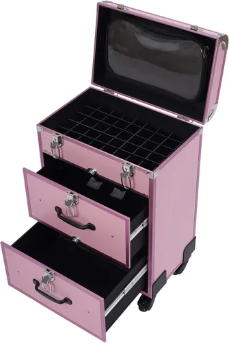 Vista 10 de Estuche de maquillaje profesional con ruedas, con cajones, carrito grande para cosméticos con cerraduras, organizador de almacenamiento
