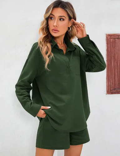 Vista 4 de Zeagoo Conjunto de 2 piezas para mujer, conjunto de ropa de descanso de algodón y lino, camisa de manga larga con cuello en V y pantalones cortos