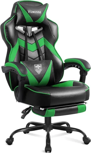 Vista 14 de Vonesse Silla para videojuegos, silla de juegos de respaldo alto con reposapiés y masaje, sillas de juegos para adultos con cojín de resorte
