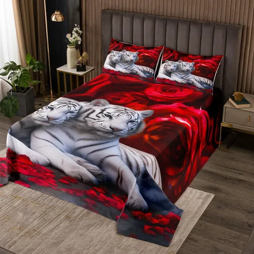 Vista 42 de Erosebridal Juego de ropa de cama tamaño individual con estampado de flores rojas y rosas rojas, microfibra suave de lujo, color negro y marrón