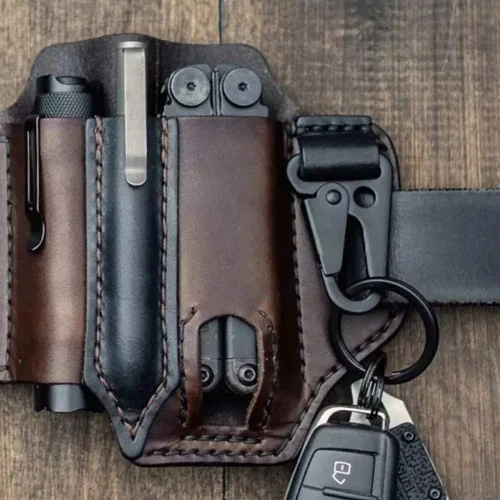 Vista 7 de Amorr Funda multiherramienta de cuero para cinturón, organizador de bolsillo EDC con soporte para llaves, cinturón de almacenamiento, bolsa de Negro