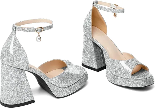 Vista 3 de Eldof Tacones gruesos de plataforma para mujer, sandalias de tacón abierto con correa al tobillo, tacones altos gruesos, zapatos de vestir