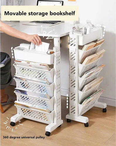 Vista 4 de Estantería móvil, estantería portátil de plástico blanco con capacidad de varios niveles para sala de estudio (5 capas)