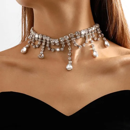 Vista 2 de Missgrace Gargantilla sexy brillante con diamantes de imitación, cadena larga de cristal brillante, joyería para mujeres y niñas