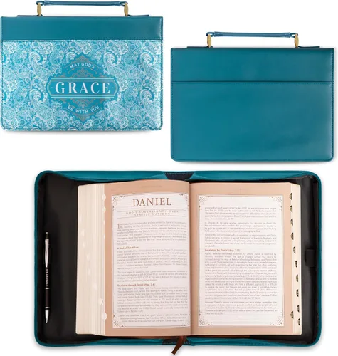 Vista 2 de Christian Art Gifts Funda de cuero vegano verde azulado para la Biblia para mujer: God's Grace Be with You - Funda de transporte inspiradora