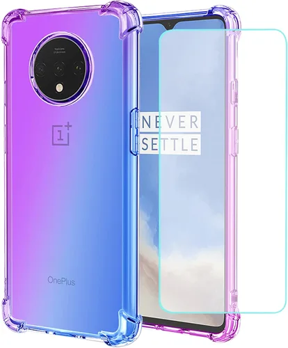Vista 9 de Funda para OnePlus 7T con protector de pantalla de vidrio templado, lindo degradado transparente delgado, a prueba de golpes, TPU para OnePlus 7T
