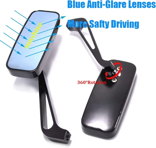 Vista 5 de Black Rectangle Motorcycle Bobber espejos para motocicleta cruiser chopper con humo azul 8 mm-10 mm, Negro