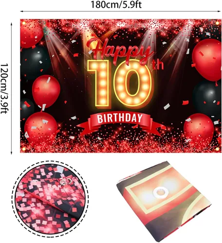 Vista 2 de Cartel de feliz cumpleaños 10 años, fondo rojo y negro, decoraciones de cumpleaños para niñas y niños de 10 años, artículos de fotografía