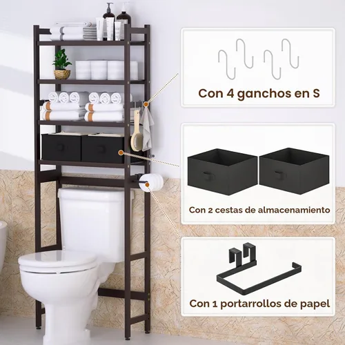 Vista 4 de Cozivolife Estante de almacenamiento de bambú sobre el inodoro: 4 niveles y Marrón