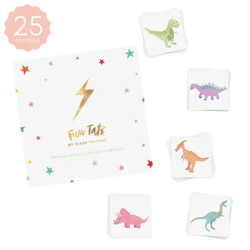 Vista 5 de Flash Tattoos Juego variado de tatuajes de dinosaurio para niños 25 tatuajes temporales envueltos individualmente Suministros para fiestas