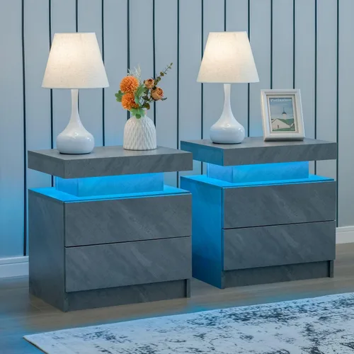 Vista 9 de Juego de 2 mesitas de noche LED negras, juego de 2 mesitas de noche modernas con 2 cajones, mesa auxiliar con luces LED para dormitorio, sala