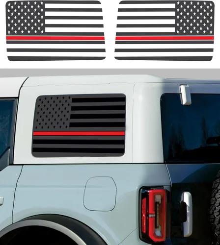 Vista 7 de Compatible con Ford Bronco (4 puertas) 2021-2023 Calcomanías precortadas para ventana de la bandera estadounidense ambos lados Fabricado