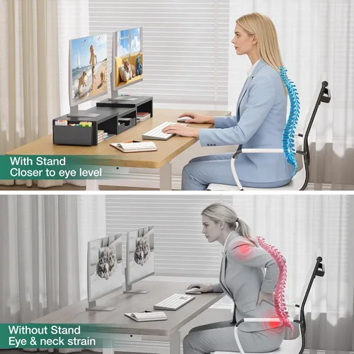 Vista 7 de OPNICE Soporte elevador de monitor doble con cajón y 2 soportes para bolígrafos, organizador de escritorio para suministros de oficina, soporte