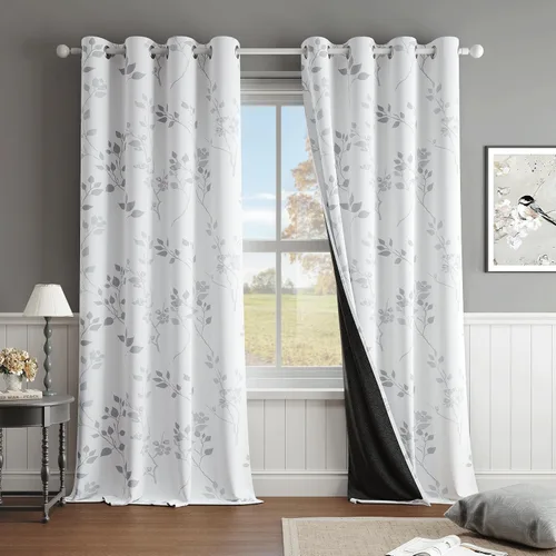 Vista 25 de Beauoop Cortinas Florales 100% Opacas de 54 Pulgadas de Largo, 2 Paneles para Dormitorio, Sala de Estar, Azul Gris y Blanco con Patrón de Flores