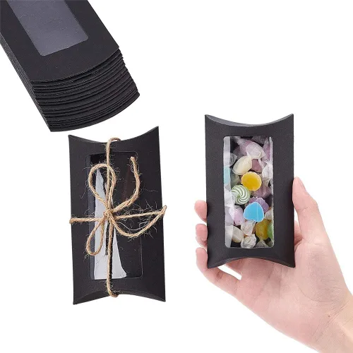 Vista 3 de Wzttdm 40 mini almohadas de papel kraft con ventana transparente, caja de embalaje de regalo para panadería, caramelos, chocolate, joyas, Negro