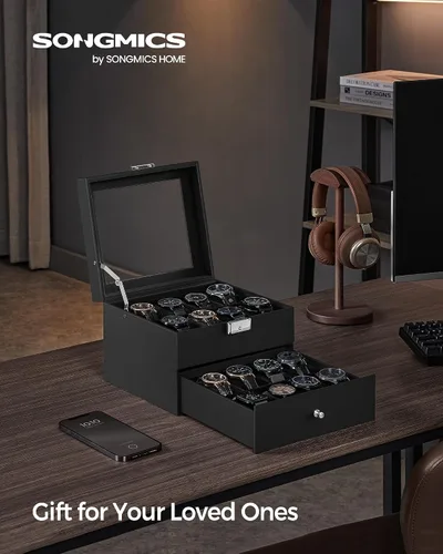 Vista 2 de SONGMICS Caja de reloj de 16 ranuras, caja de reloj con tapa de vidrio, 2 capas, vitrina de reloj con cerradura, cuero sintético negro, forro negro