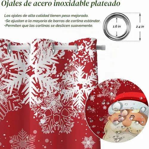 Vista 4 de AWERT Cortinas opacas de Navidad de Papá Noel para sala de estar, juego de 2 paneles de ojales plateados inoxidables, cortinas de ventana