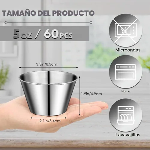 Vista 2 de 60 tazas de salsa de acero inoxidable a granel, 5 onzas, recipientes de metal para salsa, cuencos para condimentos, reutilizables, apilables