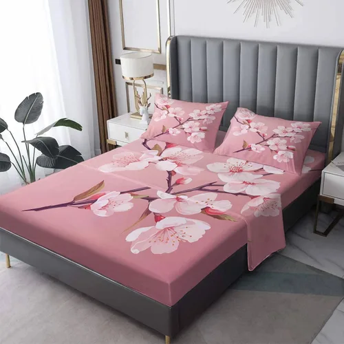 Vista 8 de Juego de sábanas de 3 piezas con estampado de flor de cerezo, tamaño individual, sábanas y fundas de almohada estampadas de Sakura, sábana bajera