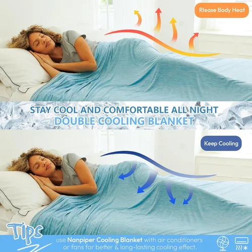Vista 3 de NANPIPER Manta refrescante tamaño Queen para personas que duermen con calor, manta de cama de verano ligera y fría de doble cara, color azul aire