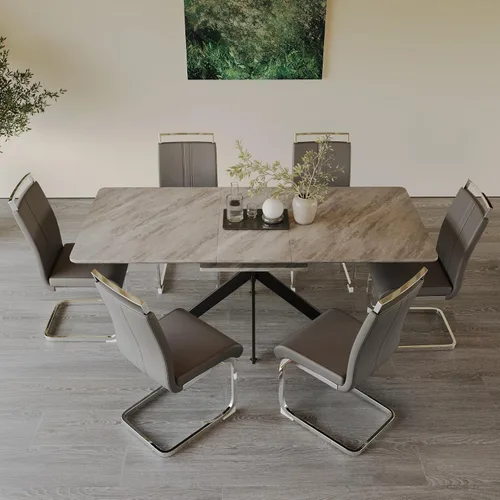Vista 2 de Mesa de comedor de mármol para 4-8, mesa de comedor extensible de 62.4 a 78.15 pulgadas, mesa de cocina moderna, mesa rectangular que ahorra espacio