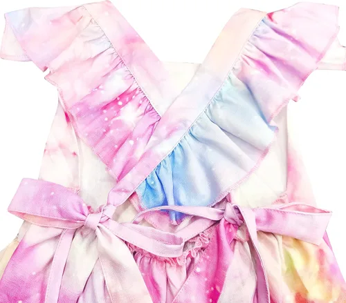 Vista 7 de YY-one Vestido de princesa con cuello cuadrado para niñas, vestido de princesa con mangas con volantes, vestido de princesa para niñas