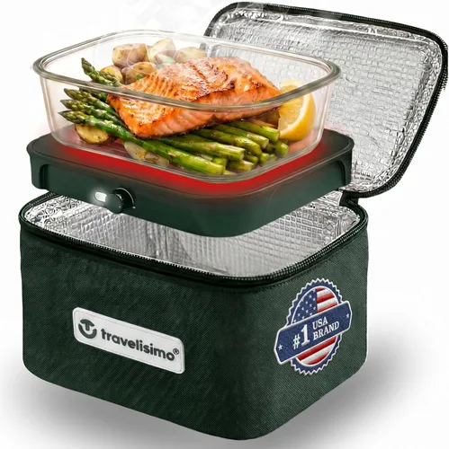 Vista 11 de TRAVELISIMO Microondas portátil, calentador de alimentos portátil para uso en el trabajo y el hogar, caja de almuerzo con calefacción 12V/24V/110V