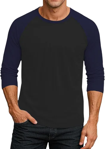 Vista 22 de Camiseta de béisbol raglán para hombre, manga larga, cuello redondo, tela ligera que absorbe la humedad para uso casual