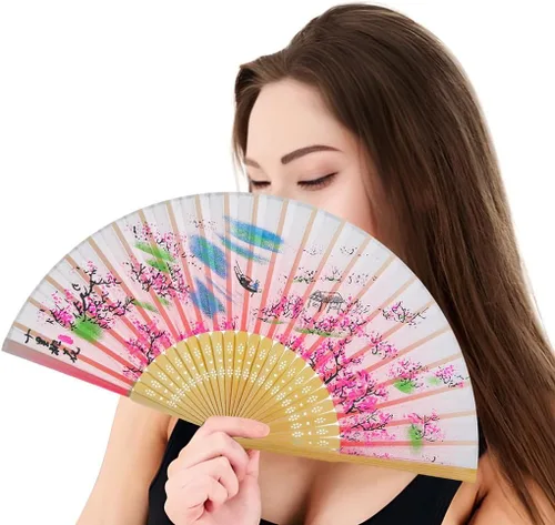 Vista 6 de Abanico de mano plegable de bambú de seda para hombres/mujeres, ventilador de mano chino/japonés para regalo, baile, festival, club, raro, evento