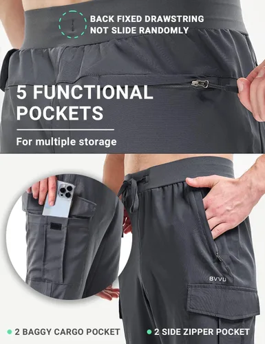 Vista 2 de BVVU Pantalones deportivos ligeros tipo cargo para hombre con bolsillos con cremallera para hombre, secado rápido, gimnasio, entrenamiento