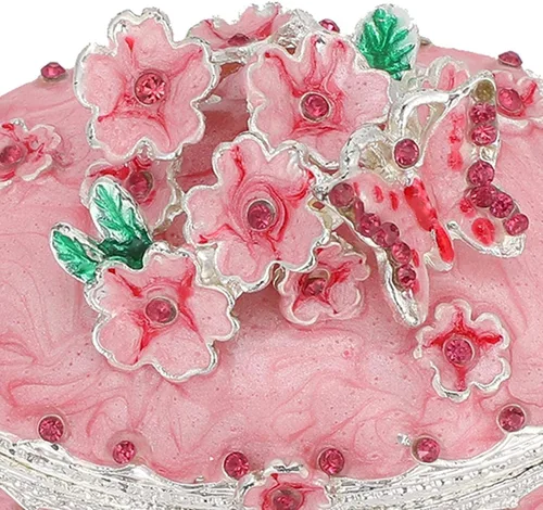 Vista 5 de Caja de joyería decorativa con diseño de flores de cerezo con bisagras, pequeña caja de joyería decorativa con cristales rosados para regalo