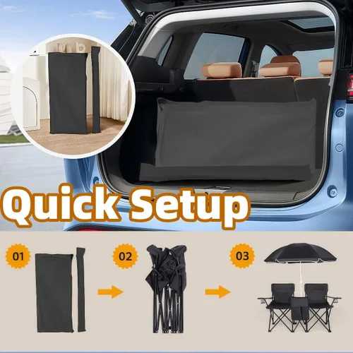 Vista 7 de Double Camping Chair with Canopy, with Cup Holder and Side Storage Pockets, for Beach, Camping and Fishing (Black)