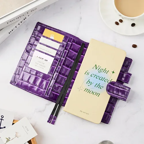 Vista 5 de Funda de planificador A6 para Hobonichi Original, Stalogy y Midori MD Planners, con cremallera y bolsillo trasero grande, piel de cocodrilo (morado)