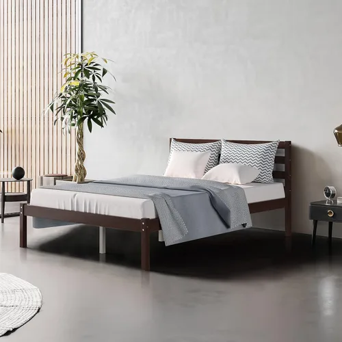 Vista 6 de Giantex Base de cama de plataforma de madera, cabecera con paneles, soporte de listones de madera, no necesita resortes, base de colchón de cama