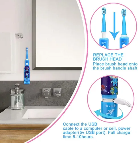 Vista 5 de OJV 8620 Cepillos de dientes eléctricos musicales para niños, 3 modos de temporizador de 2 minutos, 6 cerdas recargables de energía inteligente, Azul