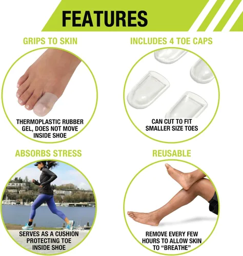 Vista 5 de Pro-Tec Toe Relief & Support, 4 Pack Gel Toe Caps or 4 Pack Toe Spacers for Bunion Relief, Toe Alignment & Toe Protection, Foot Care for Men & Women